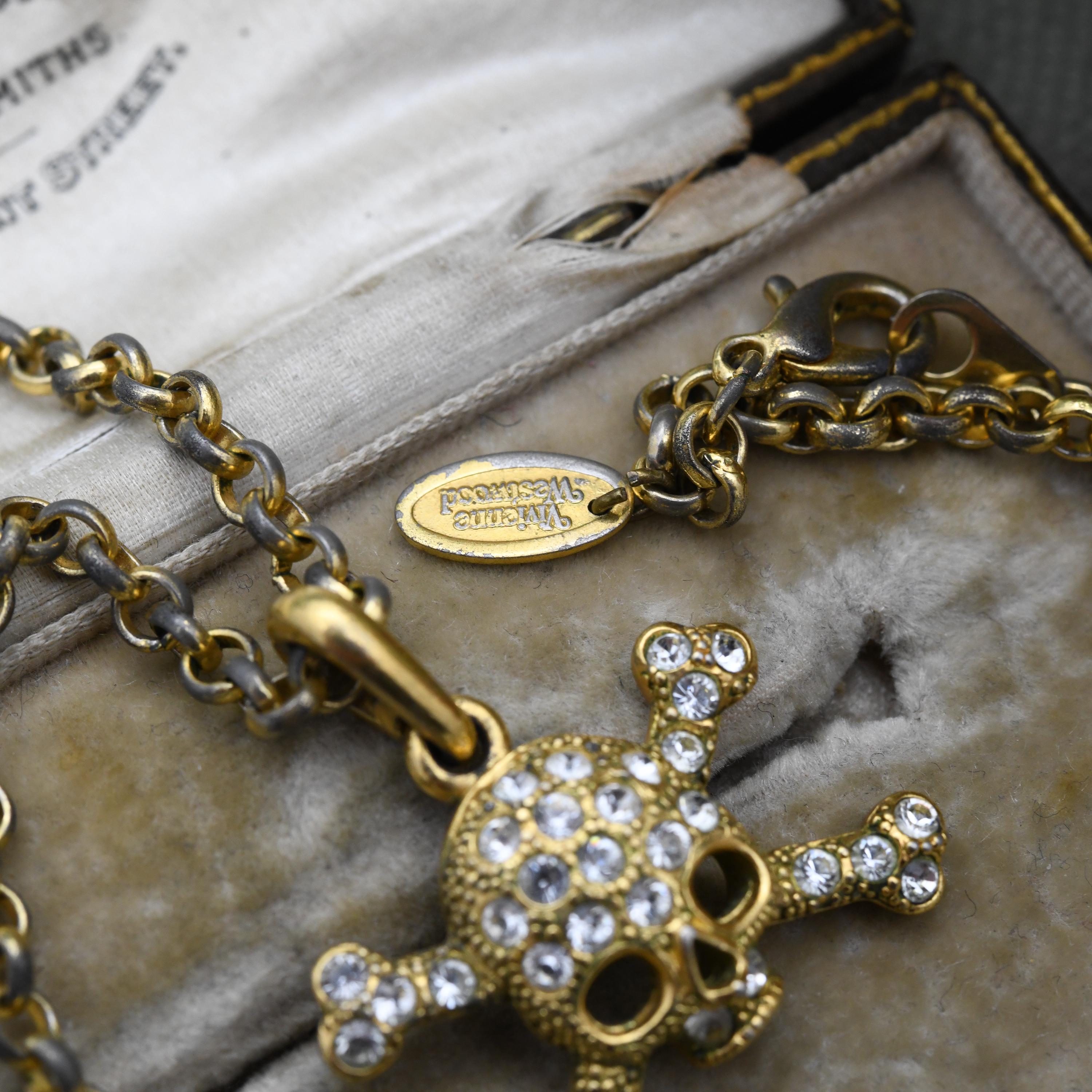 Vintage Vivienne Westwood Gold Plated Crystal Skull and Crossbones