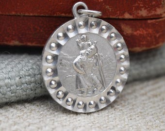Vintage sterlingzilveren St. Christopher-hanger midden van de eeuw - kralenrand | Christelijk religieus gedetailleerd sieradencadeau