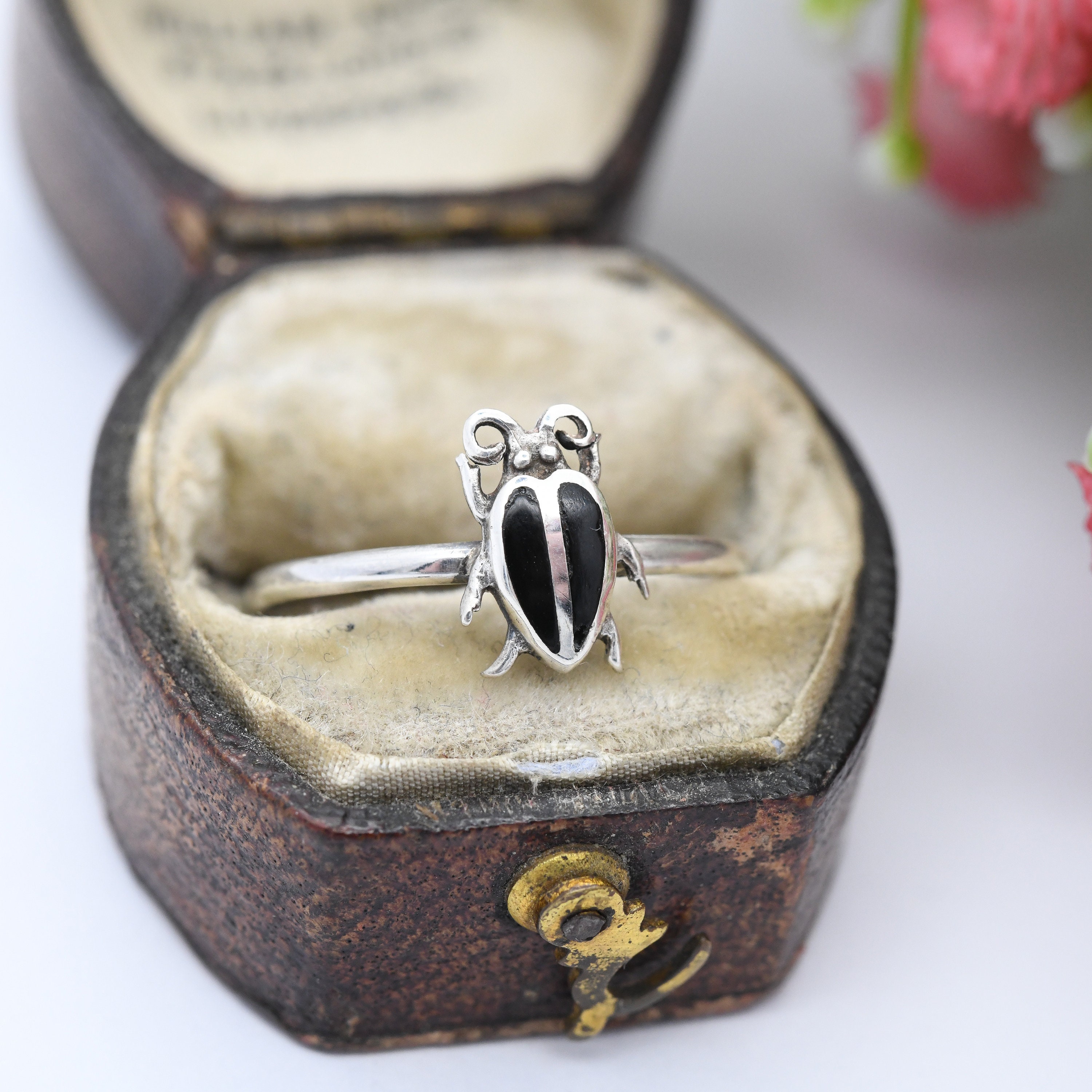 Bague Scarabée Antique En Argent Sterling Avec Onyx Noir - Taille 50 - Style Art Déco