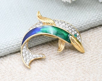Vintage Attwood en Sawyer emaille dolfijnbroche A&S - blauwgroene goudkleur met Swarovski-kristallen