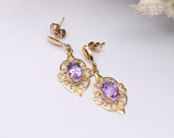 Vintage 9ct Gold Amethyst Drop Earrings with Ornate Openwork Design - Elegant Gold Jewellery