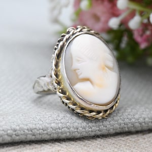 Vintage Sterling Silver Cameo Ring Gold Plated - Carved Shell Classical Woman&#39;s Face Ring | Large Statement | UK Size - P 1/2 | US Size - 8