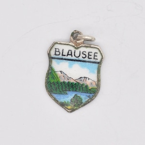 Vintage Silver and Enamel Blausee Souvenir Shield Charm / Pendant - Switzerland / Swiss / Lake / Tourist / 800 / Charm Bracelet / Scrap Book