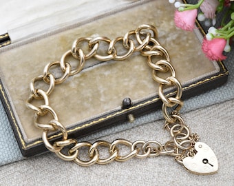 Vintage 9ct Gold Heart Padlock Clasp Curb Link Chain Bracelet with Safety Chain - Empty Charm Bracelet Hallmarked Solid Gold Jewellery Gift