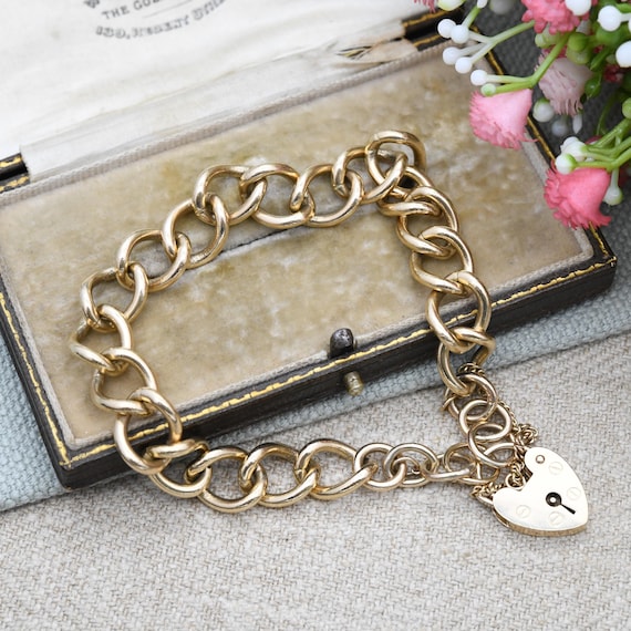 Vintage 9ct Gold Heart Padlock Clasp Curb Link Chain Bracelet With