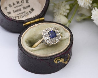 Vintage 9ct Gold Paste Blue and Clear Stone Halo Cluster Ring 1966 - Cocktail Statement Ring | UK Size - M | US Size - 6 1/4