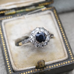 Vintage 18ct Gold Sapphire and Diamond Halo Ring 1992 with Diamond Side Stones -Blue Stone Engagement Ring | UK Size - I 1/2 US Size - 4 1/2