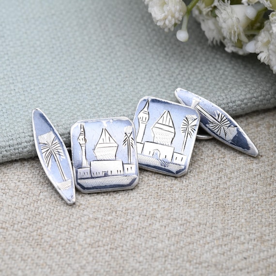 ヴィンテージ シルバー ブラック ニエロ カフスボタン 手彫り モスクと