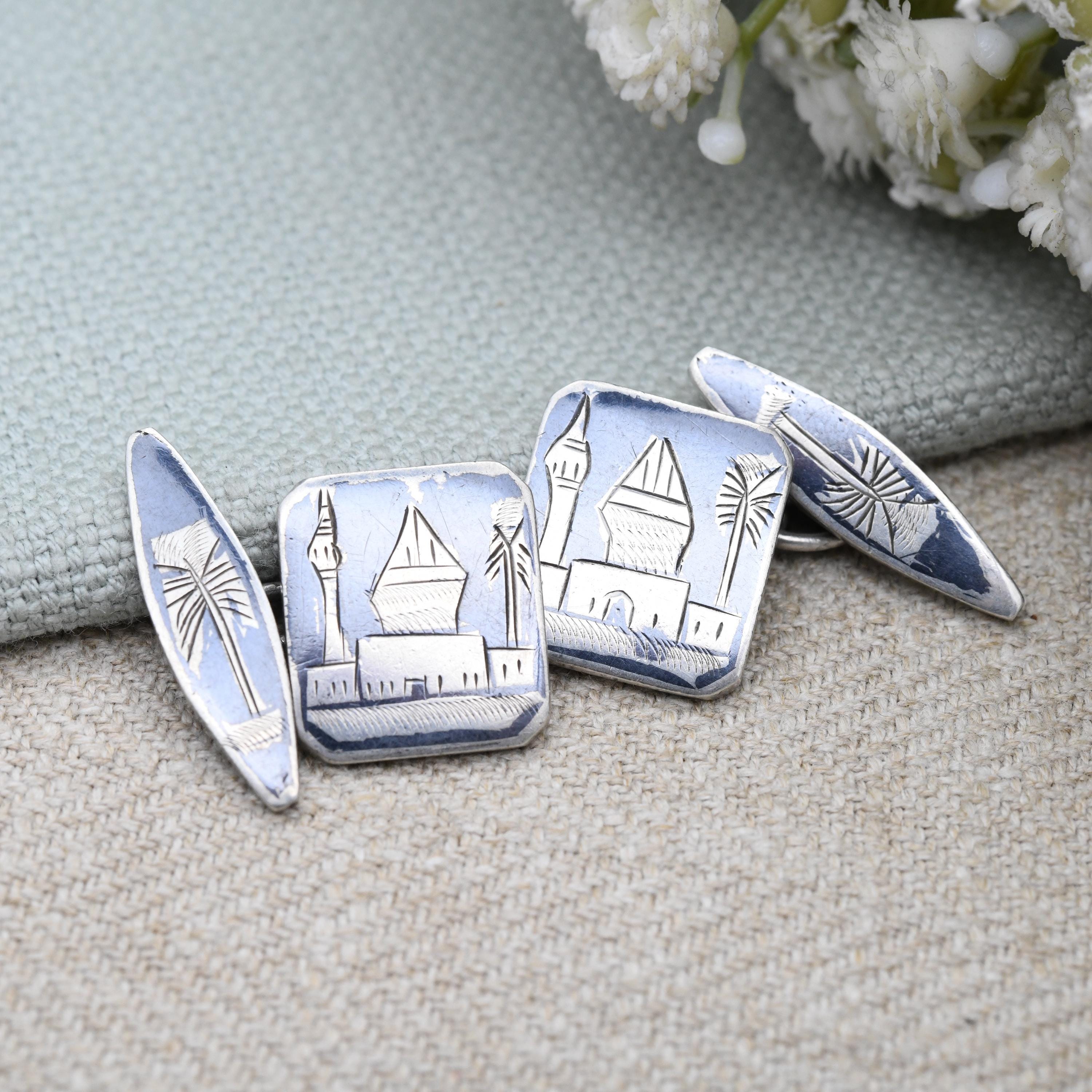 ヴィンテージ シルバー ブラック ニエロ カフスボタン 手彫り モスクと