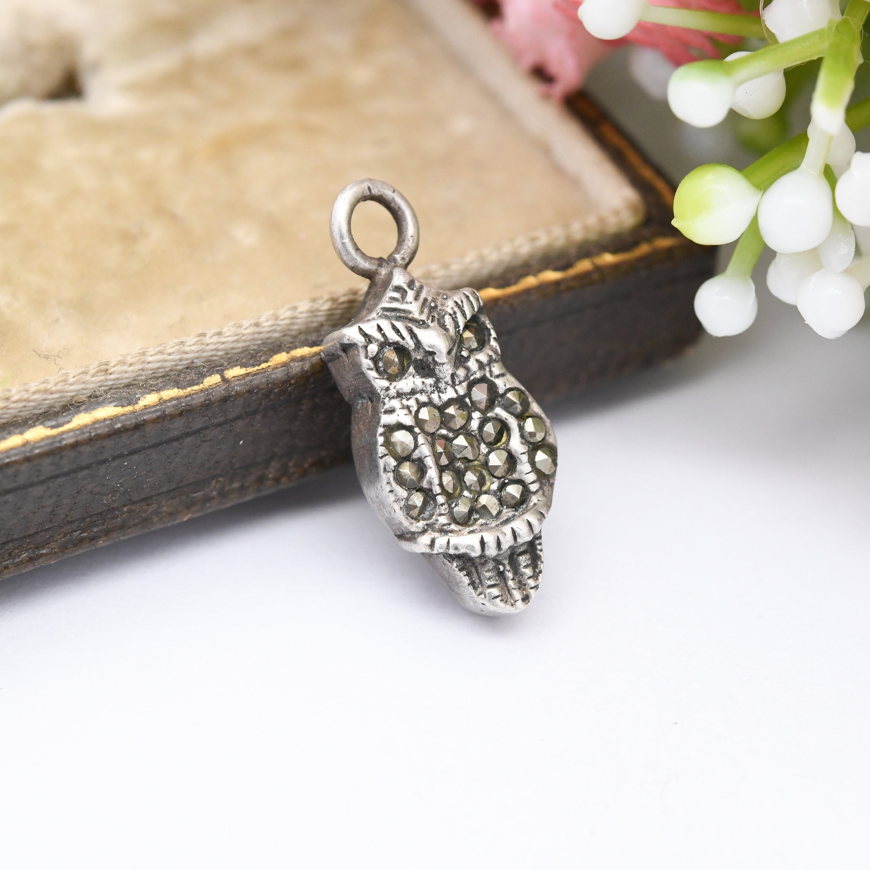 Vintage Sterling Silver Marcasite Owl Pendant - Small Sparkly Pendant Charm | Symbolic Animal Wisdom