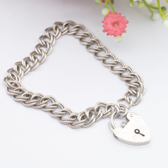Vintage Sterling Silver Heart Padlock Clasp Chain… - image 2