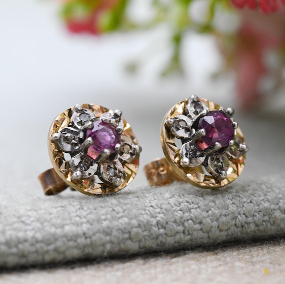Vintage 9ct Gold Ruby Diamond Cluster Earrings - … - image 1