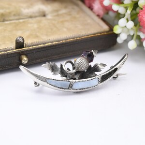 Antieke Schotse sterlingzilveren blauwe agaat distel broche 1899 - Victoriaanse sieraden | Mooie bloemen nationale bloem met paars glas