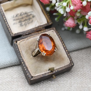 Vintage Gold Plated Sterling Silver Ring with Orange Stone - Midcentury Jewellery with Large Statement Stone | UK Size - Q | US Size - 8 1/4