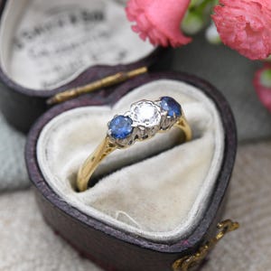 Vintage Diamond and Sapphire Three Stone Ring 18ct Gold and Platinum Trilogy - Blue Engagement Ring | UK Size - I | US Size - 4 1/4