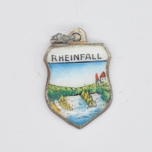 Vintage Silver Rheinfall Enamel Souvenir Shield Charm / Pendant - Switzerland / Swiss / Tourist / 800 / Charm Bracelet / Scrap Book