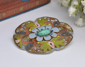 Broche vintage tchèque en filigrane émaillée avec fleurs et verre de Pékin