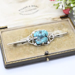 Vintage Sterling Silver Turquoise Bar Brooch - True Vintage c. 1930s | Large Blue Gemstone Tumbled Turquoise Jewellery