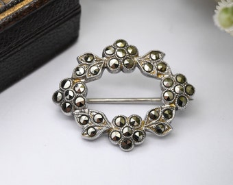 Vintage Sterling Silver Marcasite Floral Wreath Brooch - Sparkly Silver Jewellery