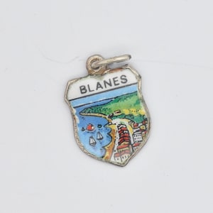 Vintage Silver and Enamel Blanes Souvenir Shield Charm / Pendant - Spain / Tourist / 800 / Scrap Book / Charm Bracelet