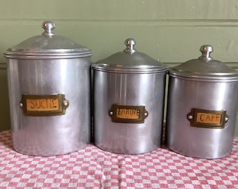 Franska vintage aluminiumköksbehållare: Retro förvaringsbehållare från 1940-talet, set om 3