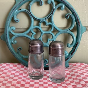 Vintage French Glass and Heavy Metal Salt And Pepper shakers, Retro salt/ pepper container, Vintage French Kichenalia