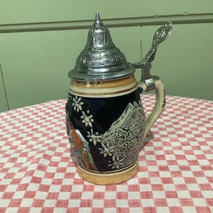 German Vintage Small Beer/ Mulled Wine Stein, KING, Pewter Lid, Beer Mug, Beer Tankard