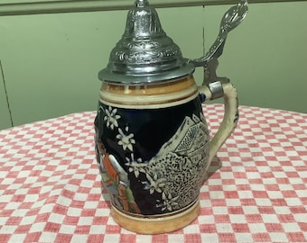Vintage German Beer Stein: Cobalt Blue Bavarian Mug with Pewter Lid