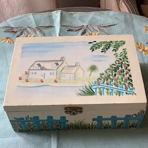 French hand painted wooden box Francoise Saget. Handmade wooden box. French storage box