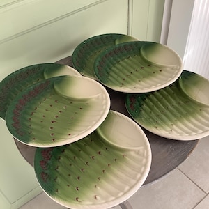 French Vintage Majolica Asparagus Plates Set Of Six, French Tableware, Faience Barbotine