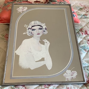 Vintage Art Deco Siebdruck-Spiegel: 1980er Jahre Handbemalter Silberrahmen
