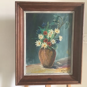 Vintage French Floral Oil Painting: Still Life with Wood Frame