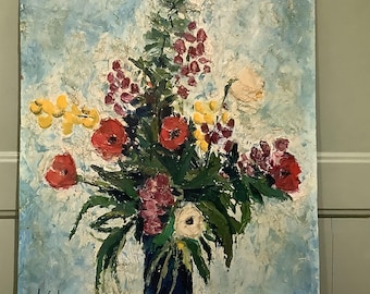 フランスのヴィンテージ花の油絵、青い花瓶のバラ、1930年代の署名入り