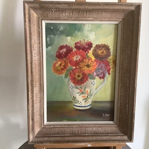 Vintage French Floral Oil Painting: Mid-Century Still Life Art