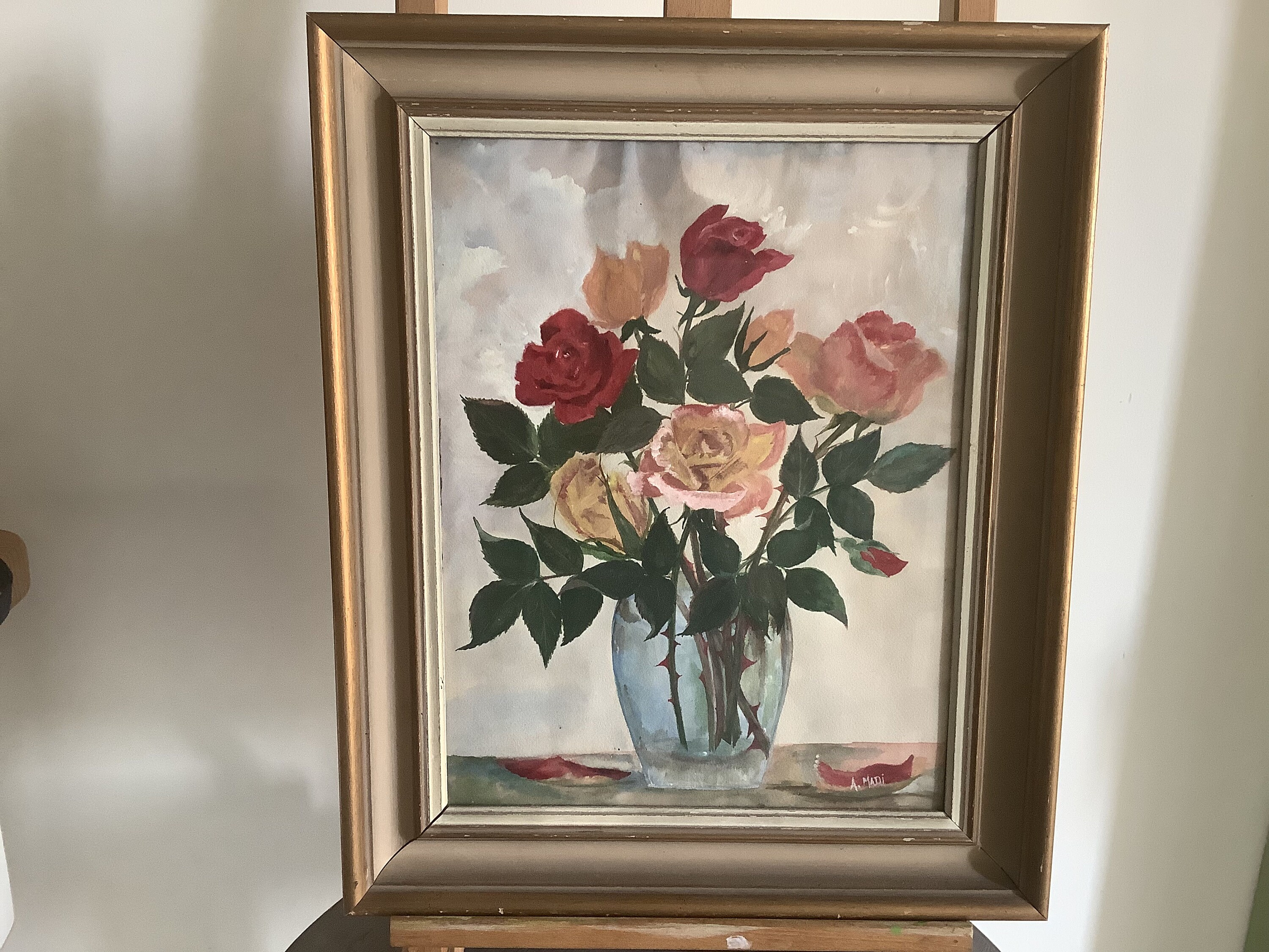 Français Peinture à L'aquarelle Originale Nature Morte Peinture Florale de Fleurs Encadrée Verre Art