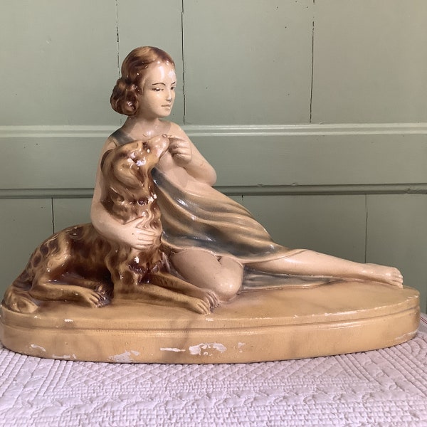 Antique French Art Deco Chalk Plaster Statuette of Lady with Russian Borzoi Dog, French Decor,