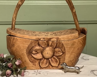 French Handmade Carved Wooden Handbag, French Folk Art, Craft Wood Bag, Unique Hand Bag