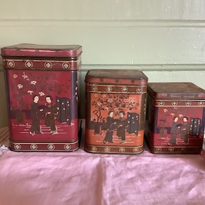 Vintage Oriental Tin Tea Caddies: Set of 3, Rustic Tea Storage