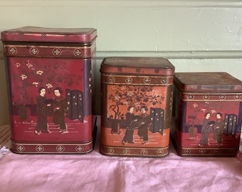 Oriental Design Tin Tea caddies, Set of Three, Tea Storage, Tea Shop Display Boxes