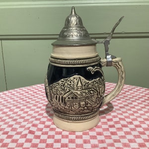 German Vintage Beer Stein, Stamped E.Bay,  Ceramic Cobalt Blue with Bavarian Scene, Beer Holder, Barware, Cocktail Bar