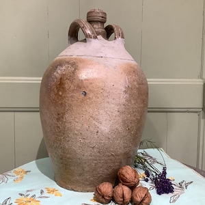 Antique French Large Stoneware Oil Jug, Double handle, French Kitchen Decor, Cruche