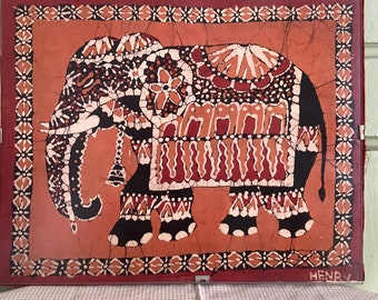 Batik tamoul éléphant indien vintage, signé Henry, soie, artisanat, art indien, décoration bohème, éléphant vintage sur soie