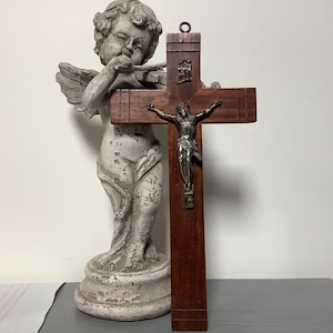 French Vintage Wood and Metal Crucifix/ Cross, Religious Items, Wall Hanging Cross, Mid Century Cross