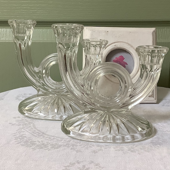 ヴィンテージガラス2アームキャンドルホルダーペア、フランス