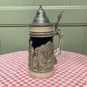 German Vintage Stoneware Beer Stein,Stamped E.Bay, Pewter lid, Beer Mug, Beer Tankard