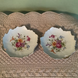 French Porcelain Set of Two Little Dish, Trinket Bowl.Hand Painted leaf design