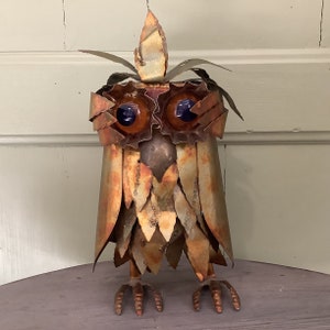 ブルータリスト風金属製フクロウ彫刻：カーティス・ジェレ風ミッドセンチュリーモダンアート
