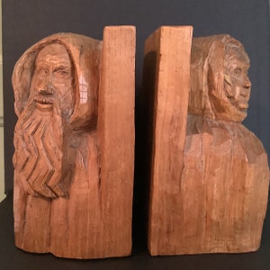Vintage French HandCrafted Carved Solid Wood Bookends, Folk Art, Signed,  Chucky Wooden Book Ends, French Design