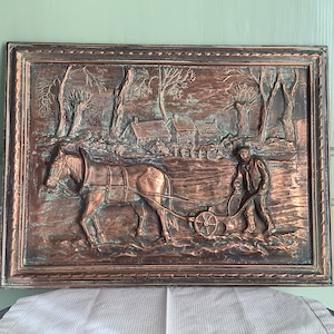 French Vintage Pressed Copper Country Scene Image, Circa 1960-70s, Traditional French