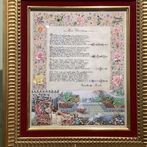 May include: A framed piece of art featuring a handwritten poem in cursive script, surrounded by a floral border. The poem is titled "La Verite" and the bottom of the page reads "Henriette de L'Isle". The bottom of the image depicts a garden scene with a fountain and a woman reclining on a chaise longue.